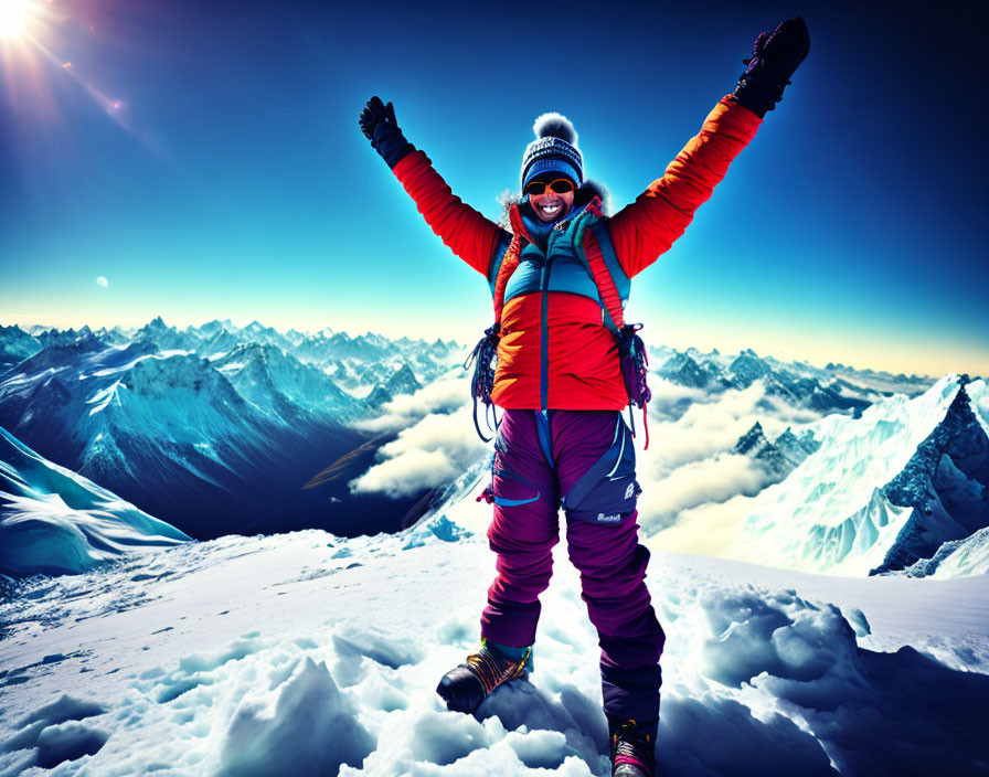 Climber celebrating on snowy mountain peak under blue skies