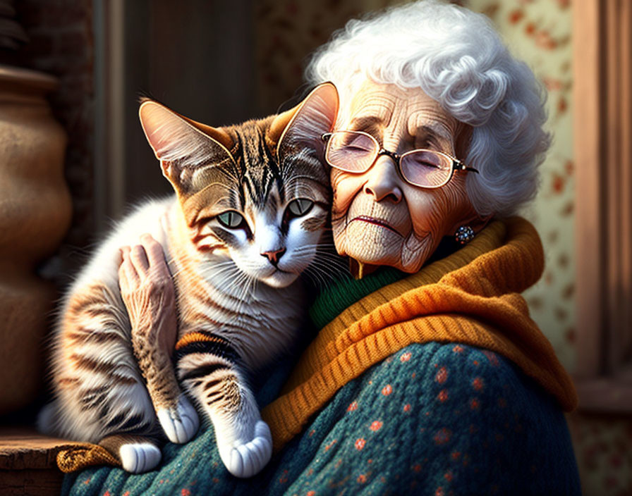 Elderly Woman with Curly White Hair Embracing Tabby Cat