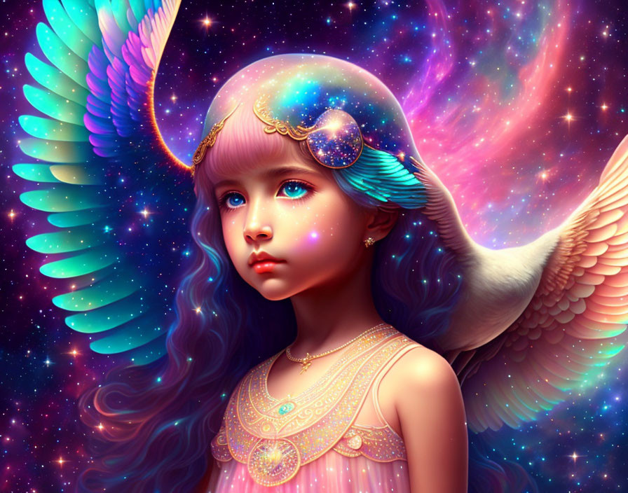 Girl with wings and cosmic headdress in vibrant starry scene