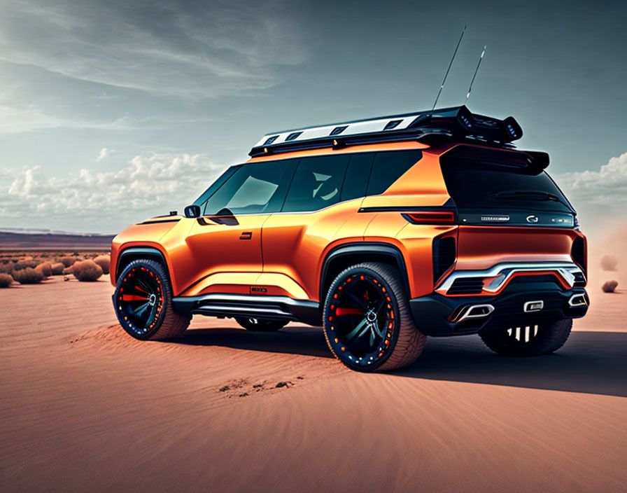 Futuristic orange SUV with roof racks and off-road tires in desert landscape