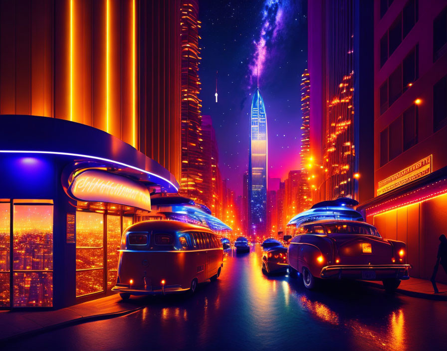 Nighttime futuristic cityscape with retro cars and neon skyline.