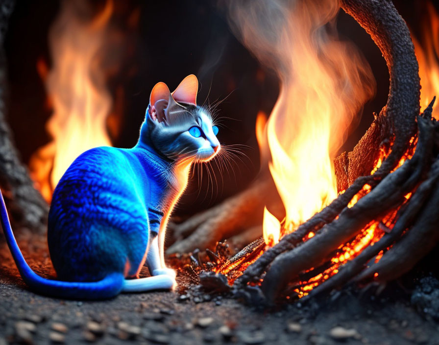 Digitally altered image of blue cat by fire with glowing eyes