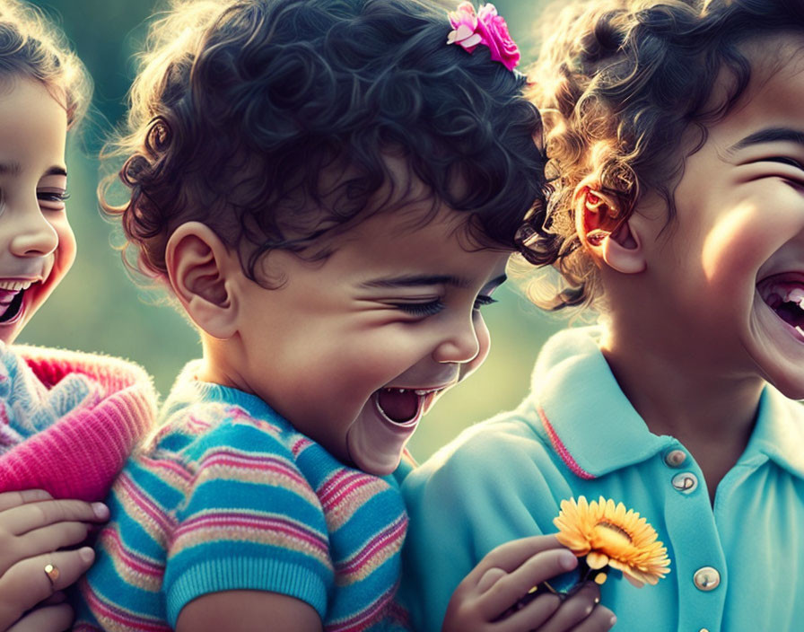 Three children laughing outdoors with a yellow flower, enhanced by sunlight.