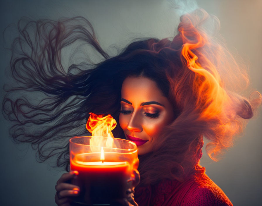 Woman with flowing hair holding flaming candle against dark background