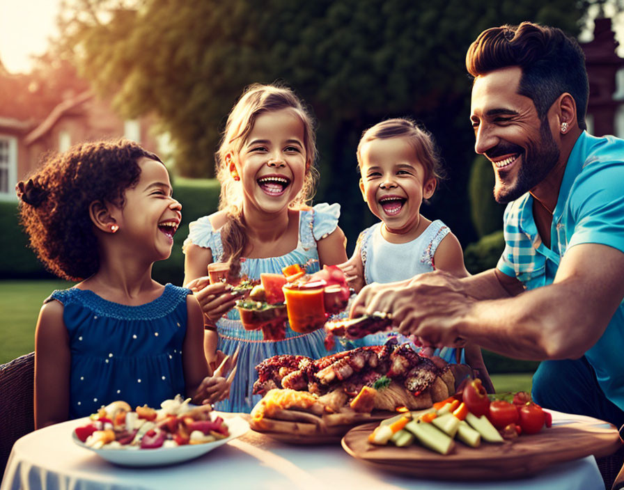 Family BBQ Scene with Man Serving Food to Children at Sunset