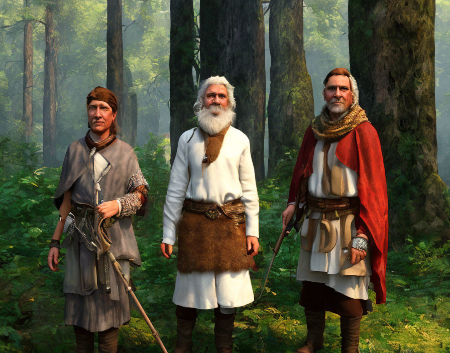 Medieval characters in forest: bow, elder with white beard, sword with red cloak