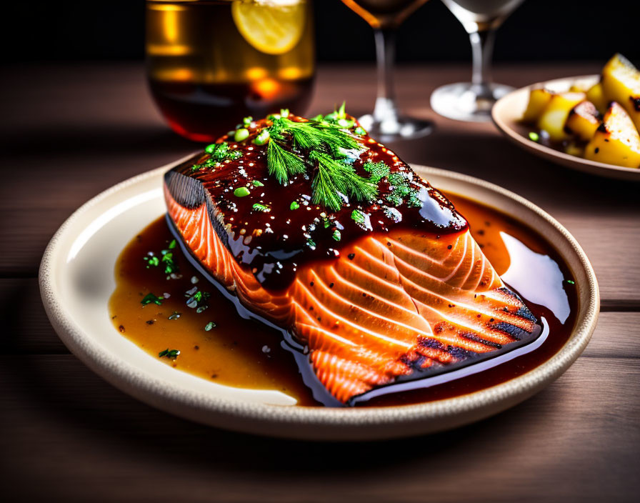 Grilled Salmon Filet with Dark Glaze and Dill Garnish on Plate