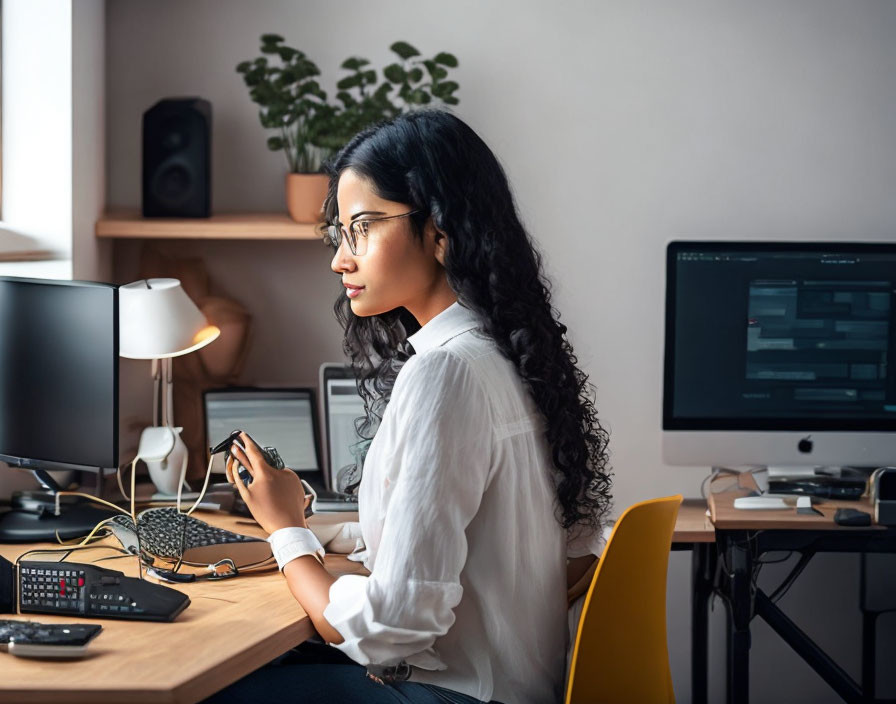 Professional woman at desk with screens and smartphone, surrounded by tech and plants