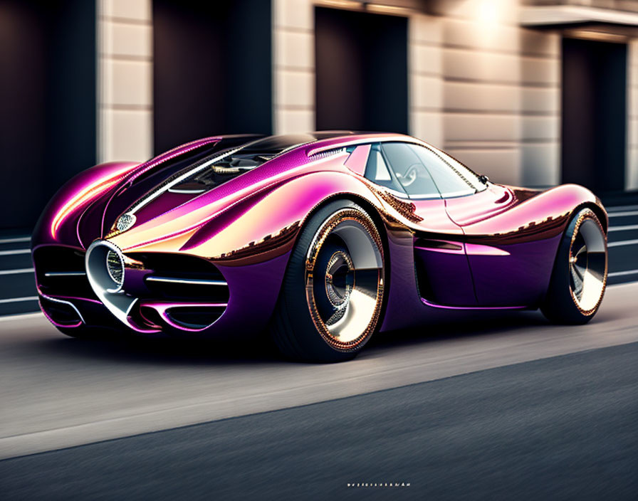 Purple futuristic sports car speeding on road with motion blur.