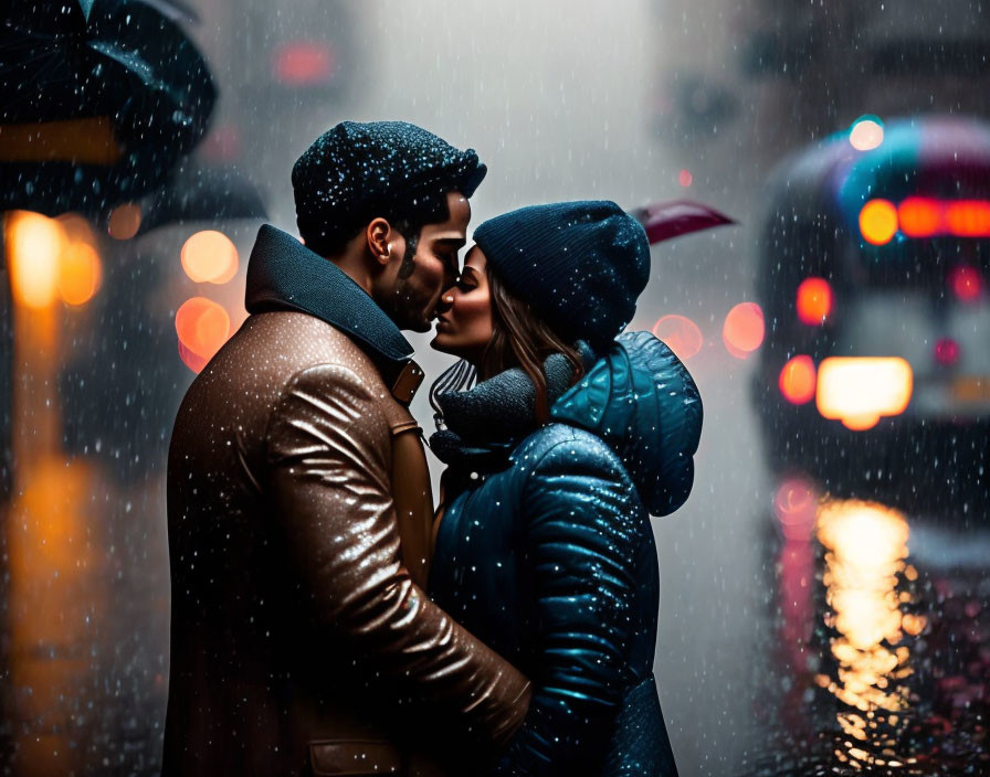 Romantic kiss on rainy street at night with soft lights