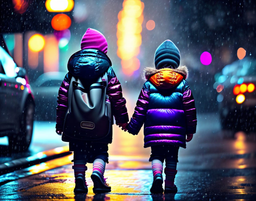 Children walking hand in hand on wet night street with city lights.