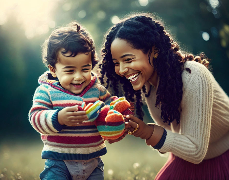 Woman and child sharing colorful toy outdoors in a joyful interaction