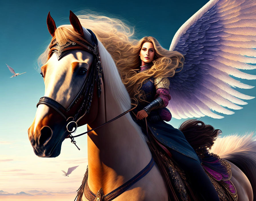 Fantasy illustration of winged horse and warrior woman in ornate armor