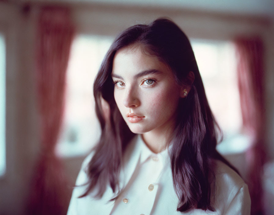 Young Woman with Dark Hair and Blue Eyes in White Shirt Contemplating in Softly Lit Room