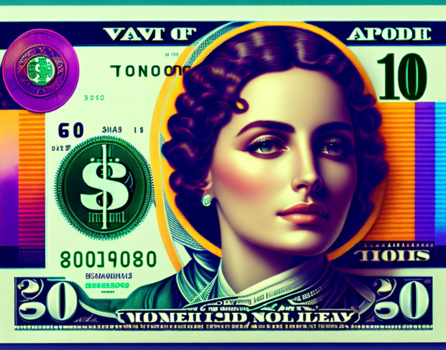 Colorful Currency Note with Woman's Portrait and Decorative Patterns