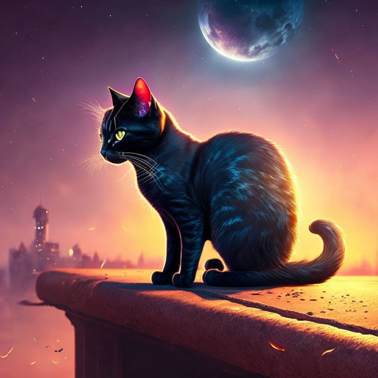 Black Cat with Bright Eyes on Ledge Against Night Sky with Moon and City Silhouette