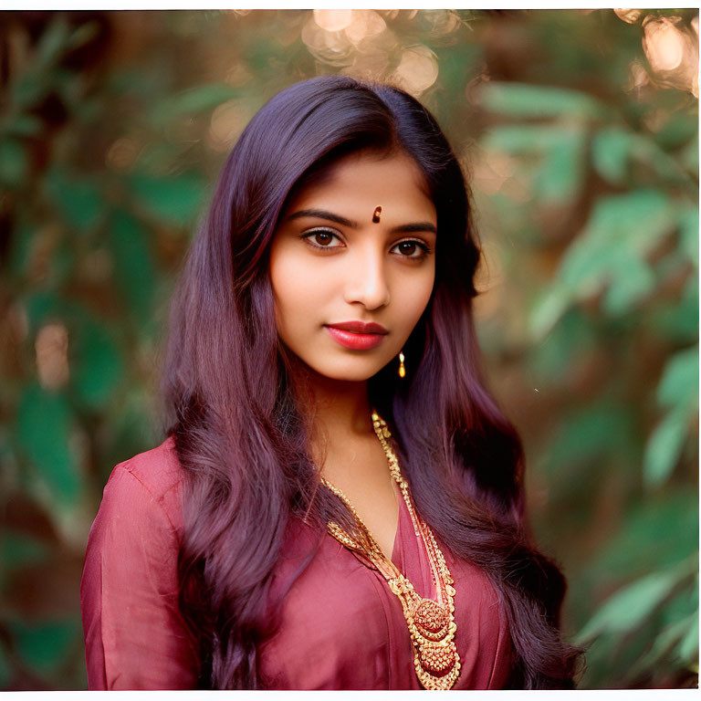 Woman with Dark Hair and Red Bindi in Burgundy Blouse and Gold Jewelry against Green Foli