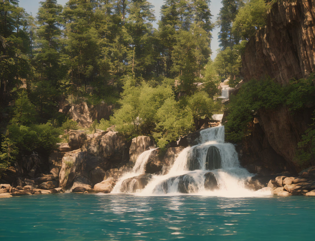 Tranquil Waterfalls in Lush Greenery and Blue Pool