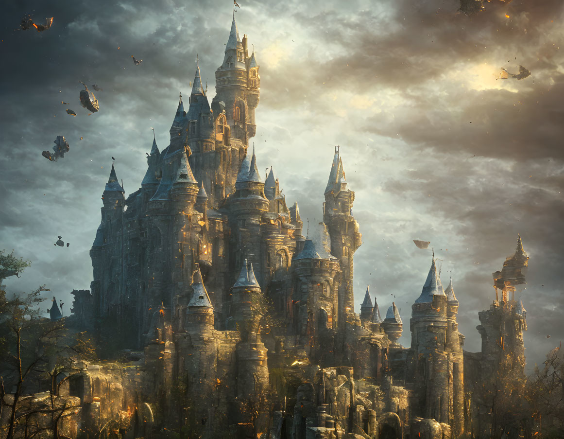 Medieval castle in mystical landscape with floating rocks and golden glow