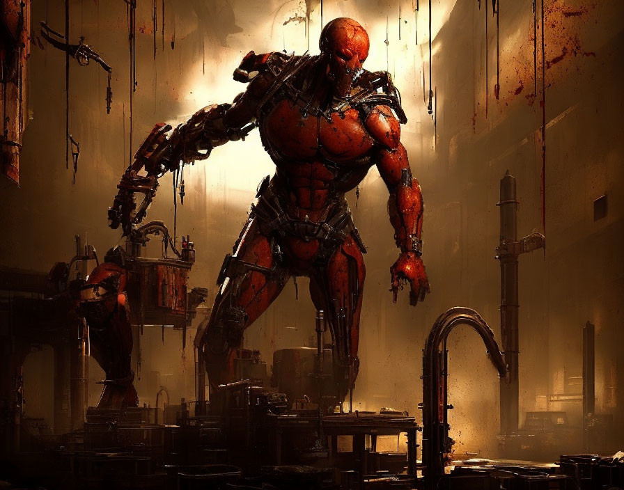 Muscular Cyborg in Red Armor in Dystopian Factory Setting