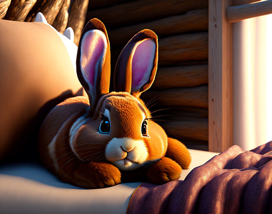 Brown Rabbit 3D Render with Expressive Eyes and Long Ears Indoors