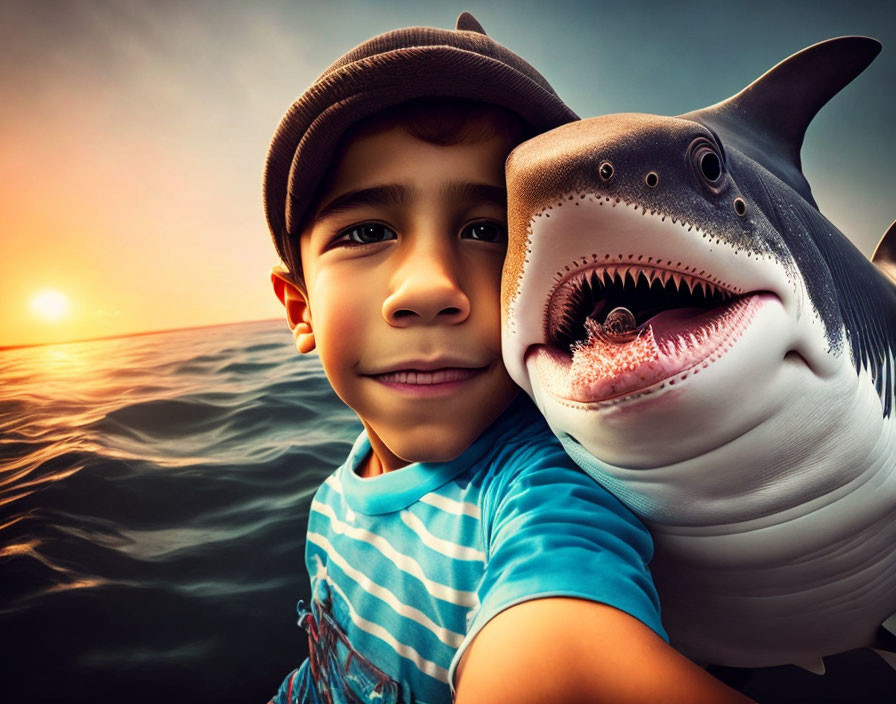 Boy in cap smiles by the sea with cartoonish photobombing shark