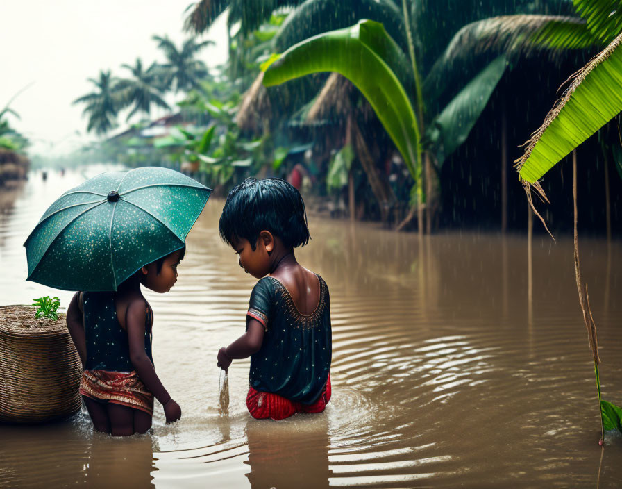 Children playing in rain with umbrella, lush green plants, and overcast sky