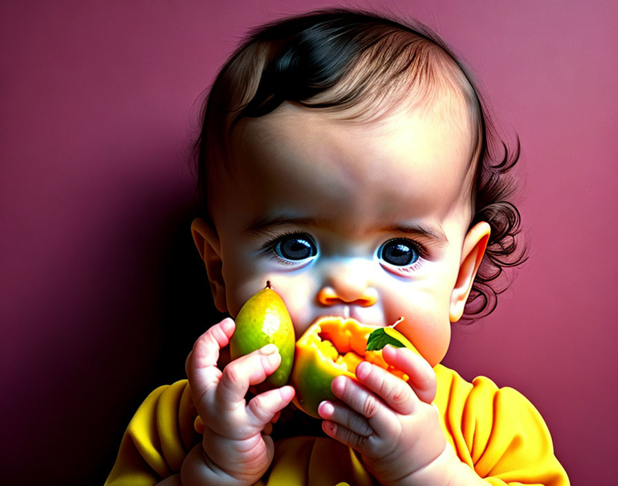 Baby with Blue Eyes and Dark Hair in Yellow Outfit Eating Pear on Pink Background