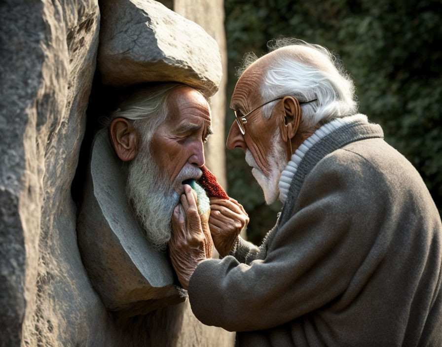 Two elderly men sharing watermelon outdoors