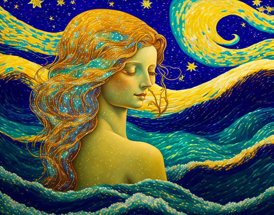 Vibrant woman with flowing hair in van Gogh-inspired night sky and sea motif