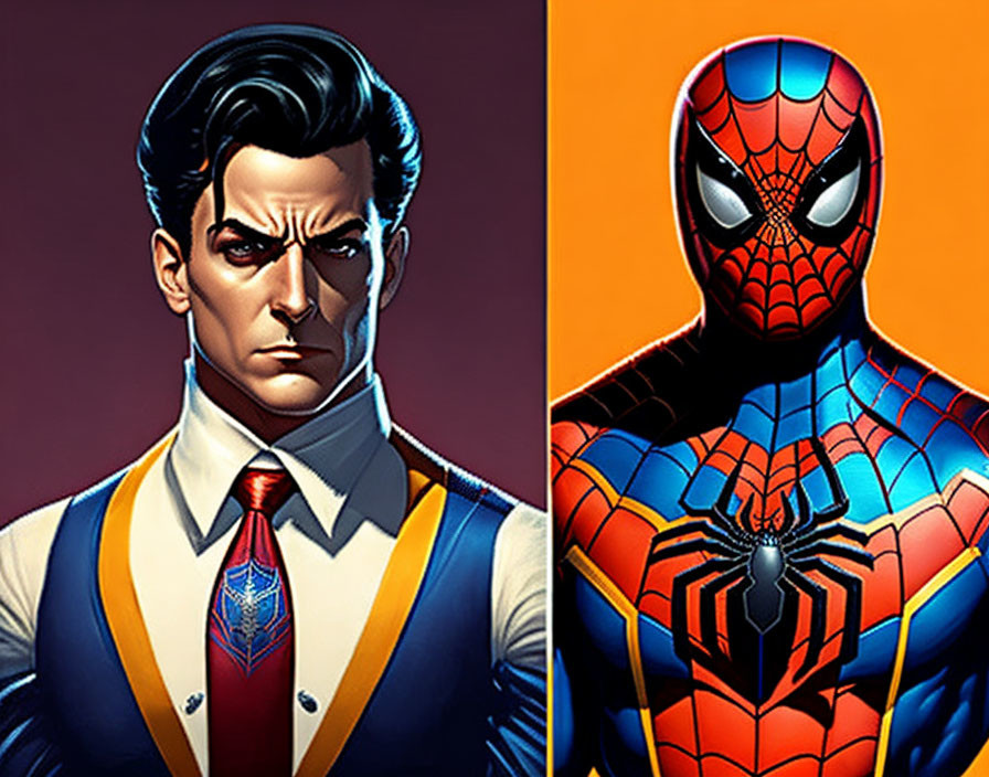 Split-image of man in suit and Spider-Man symbolizing dual identity