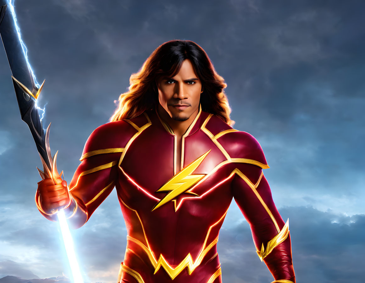 Superhero with long hair in red suit wields glowing staff under dramatic sky