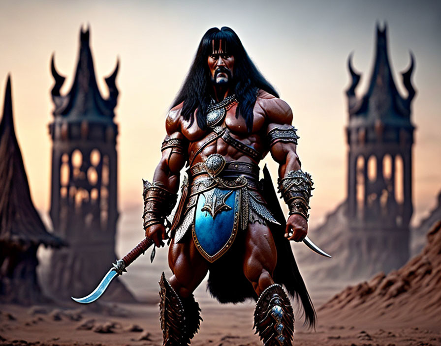 Muscular warrior with long hair holding two swords in desert landscape