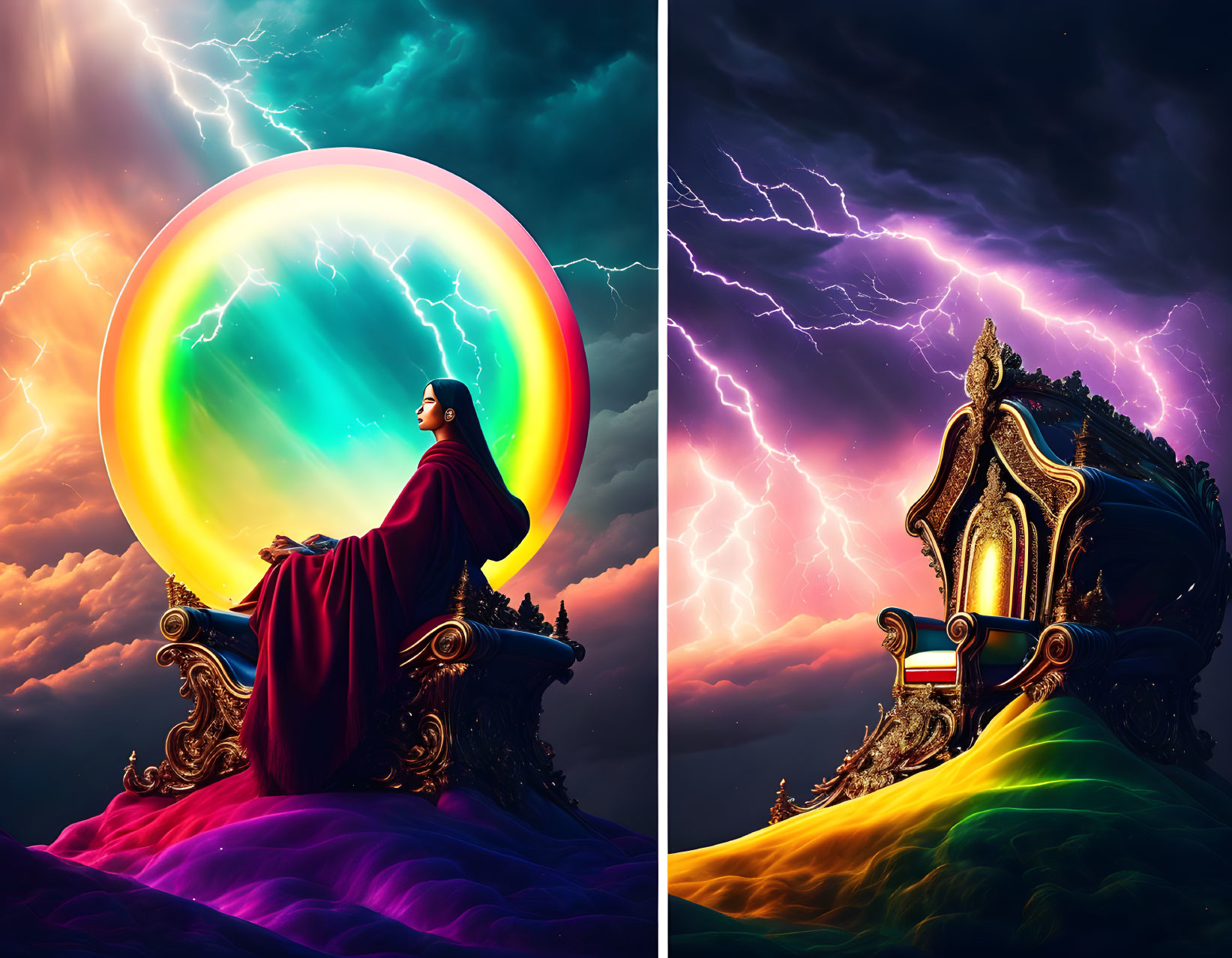 Person in red cloak on intricate throne overlooking cliff with circular rainbow and stormy sky.