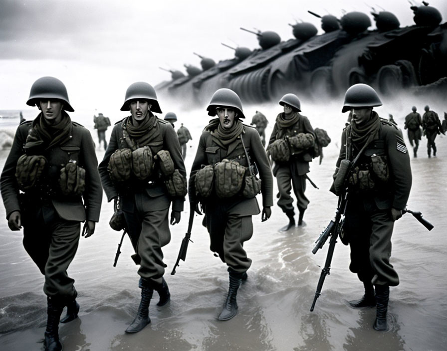 Military soldiers with weapons and tanks during a beach landing operation