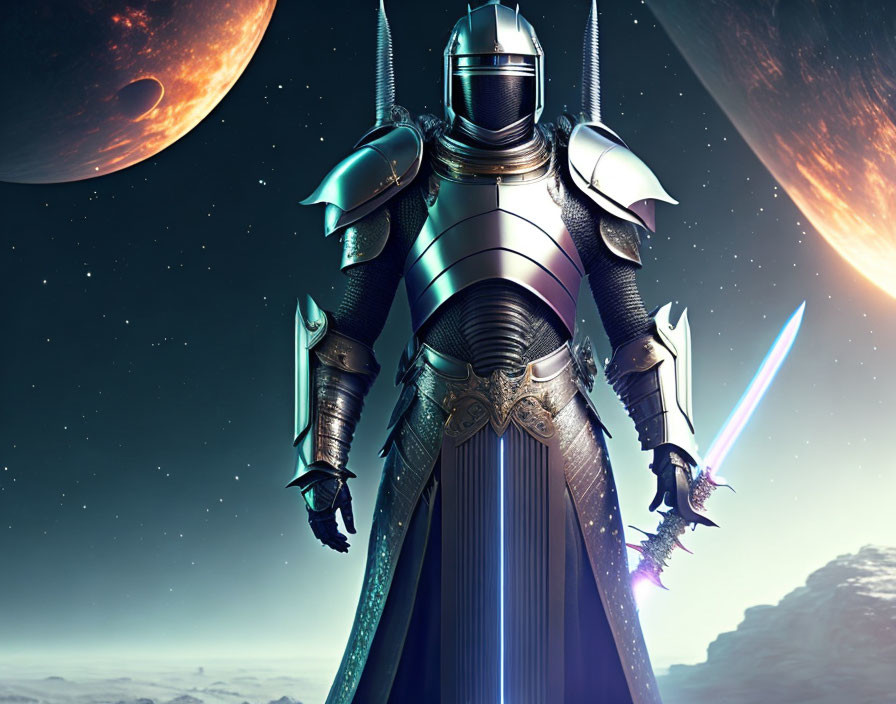 Armored knight wields futuristic sword on alien planet with two moons