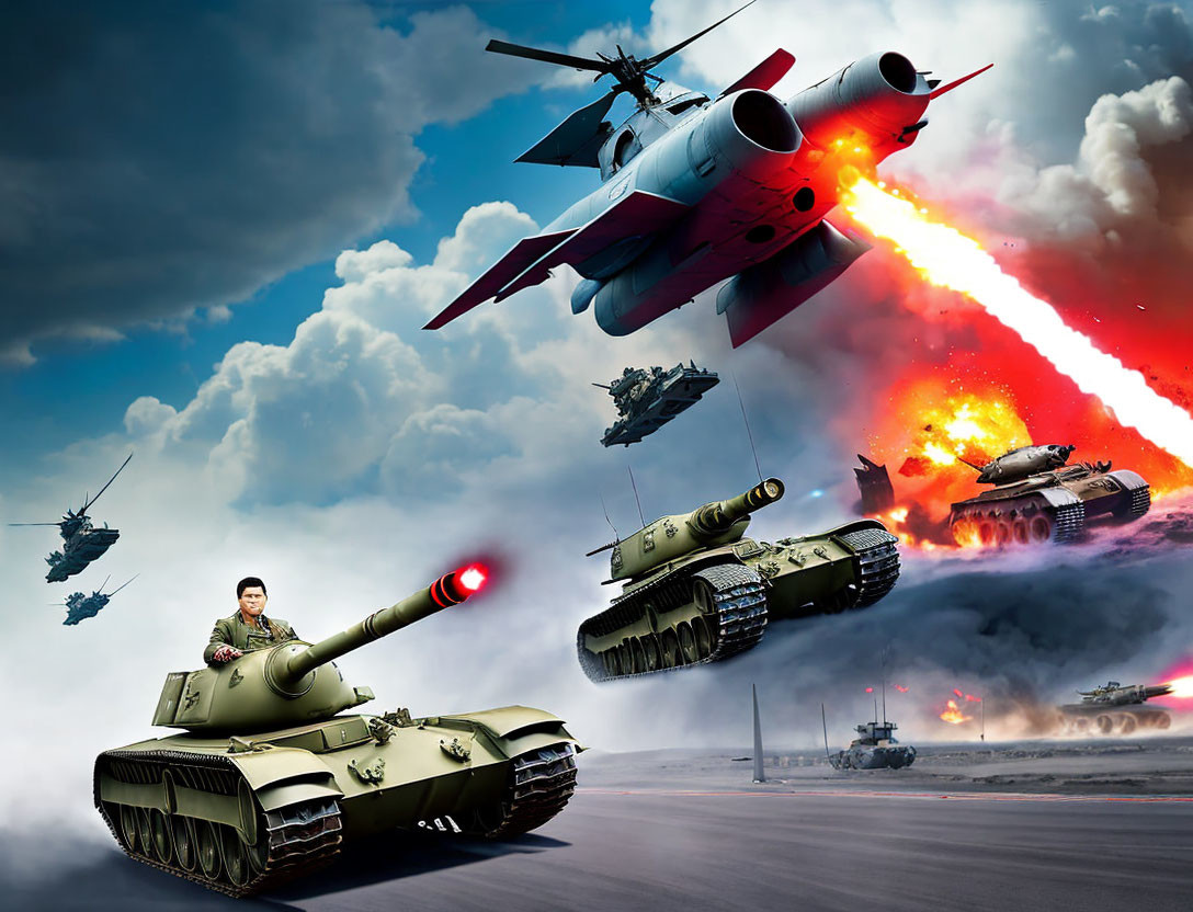 Military montage with tanks, soldier, aircraft, clouds, explosions