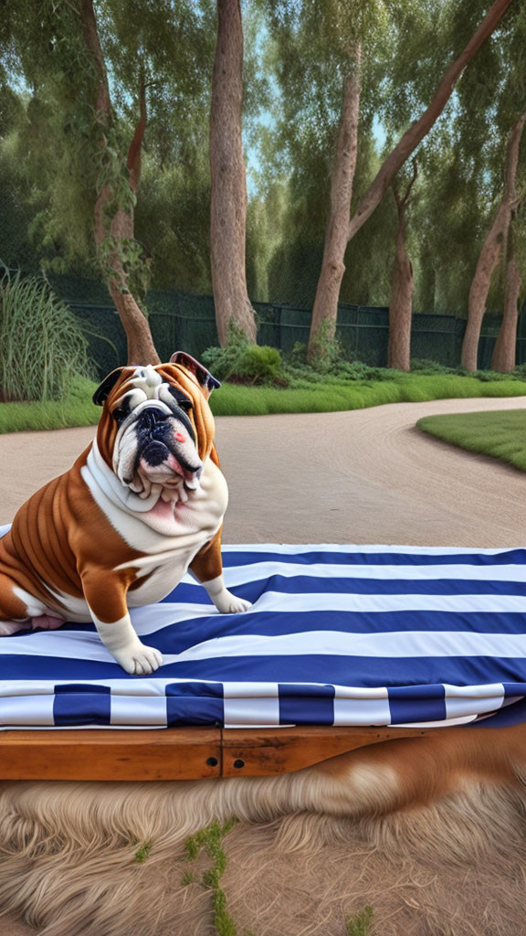 Wrinkled face bulldog on blue and white lounge chair in serene park