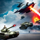 Military montage with tanks, soldier, aircraft, clouds, explosions