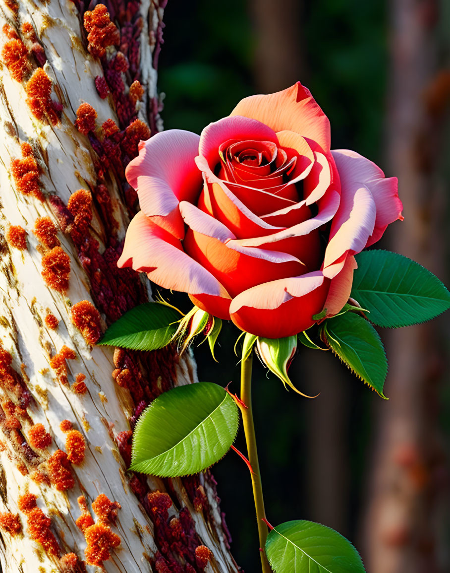 Red and white two-tone rose on green stem against textured tree trunk