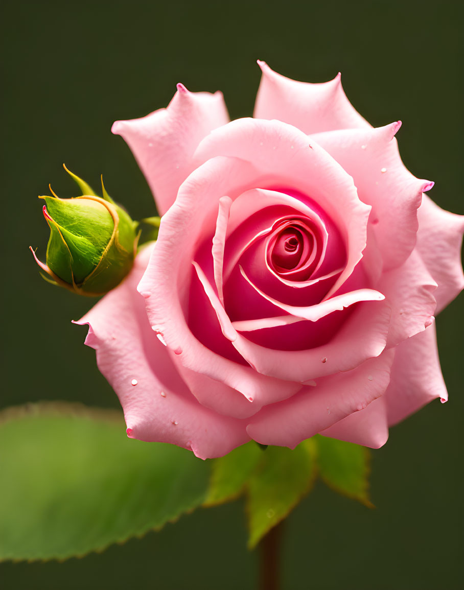 Pink Rose with Water Droplets on Green Background, Rosebud, and Leaf