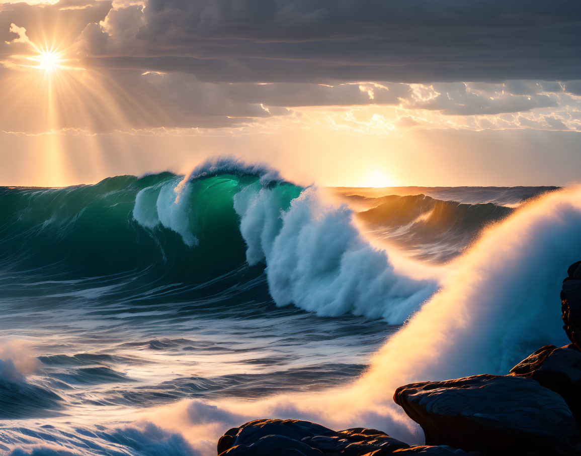 Vivid Sunset Over Dramatic Ocean Waves