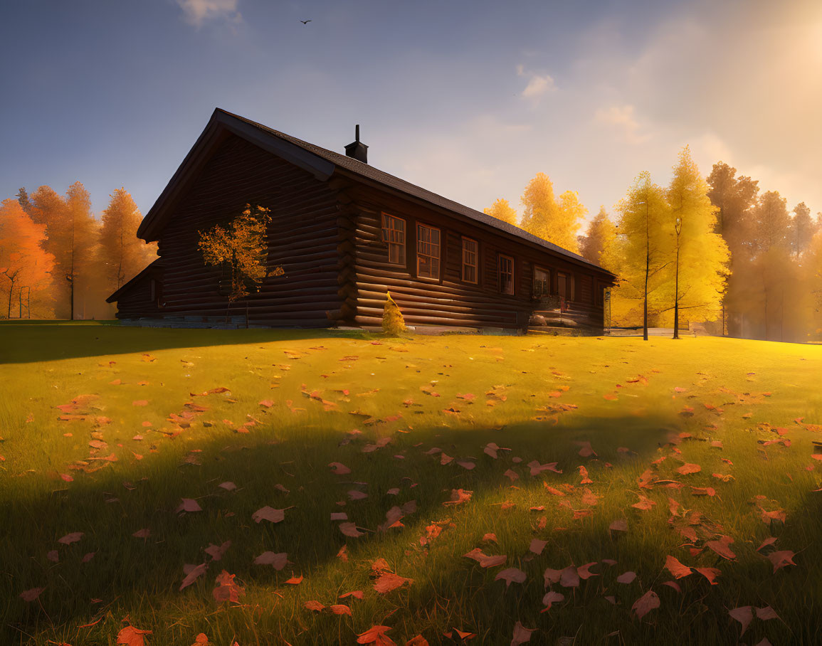 Rustic log cabin in autumn forest at sunset