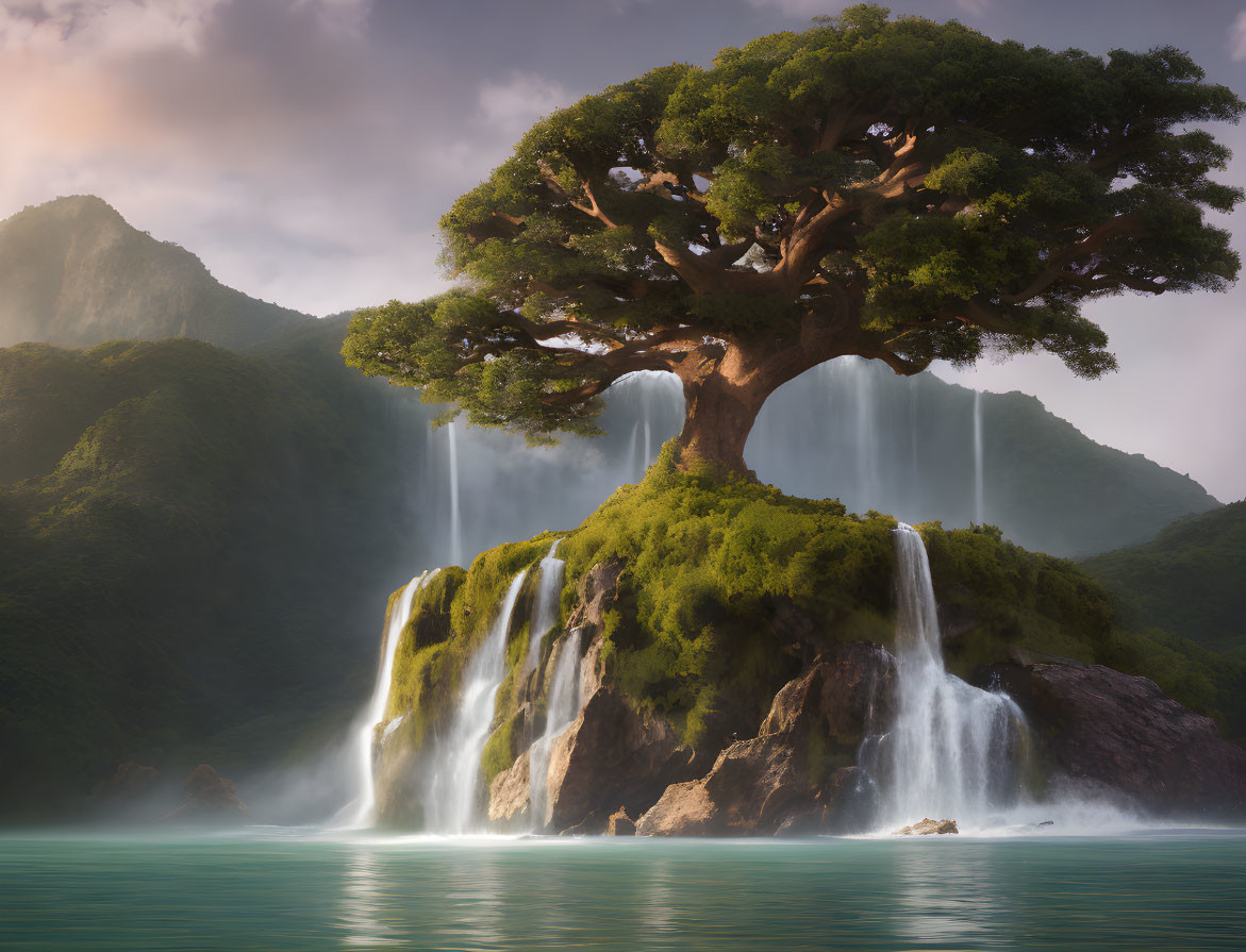 Majestic tree on mossy cliff with waterfalls and serene lake