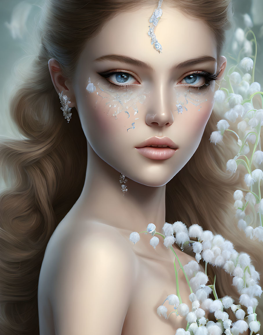 Ethereal woman portrait with glimmering teardrop art and delicate white flowers