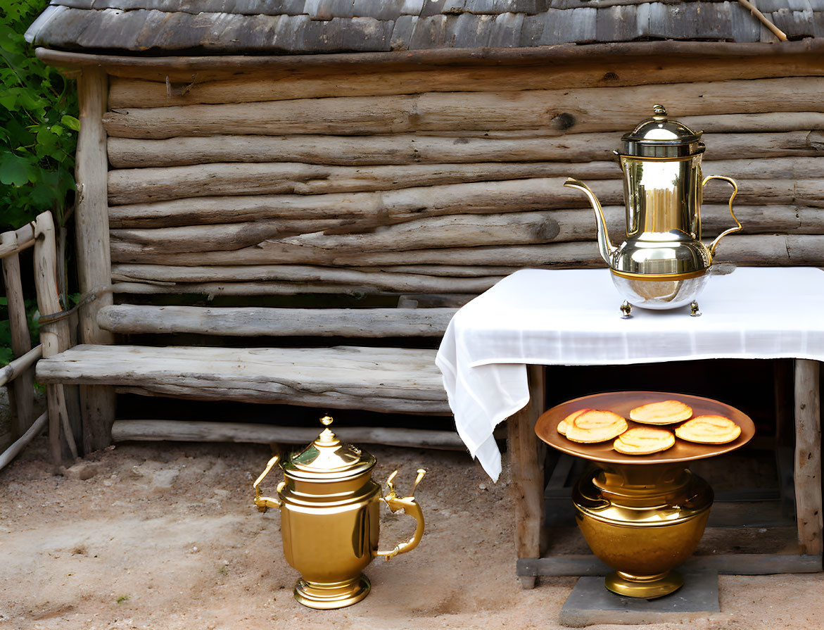 Traditional Russian samovar set with tea glasses and cookies on white table near rustic log cabin