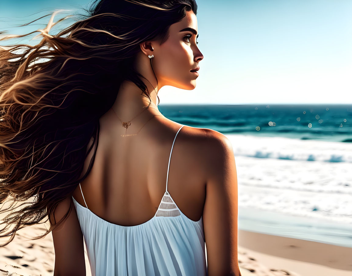 Woman in white dress gazes at sea on sunny beach