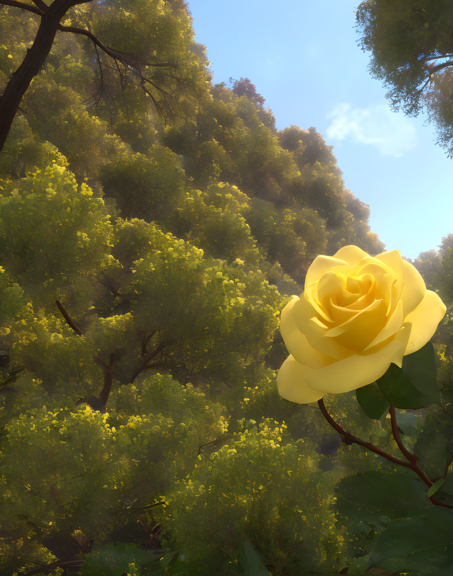 Yellow rose with soft glow in front of sunlit forest landscape