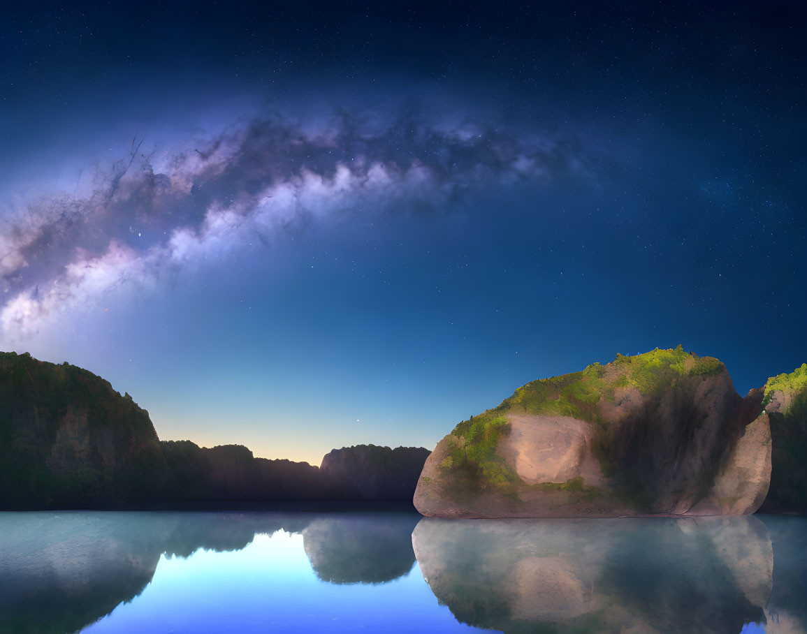 Night Sky Over Calm Lake with Rock Formation and Forested Cliffs