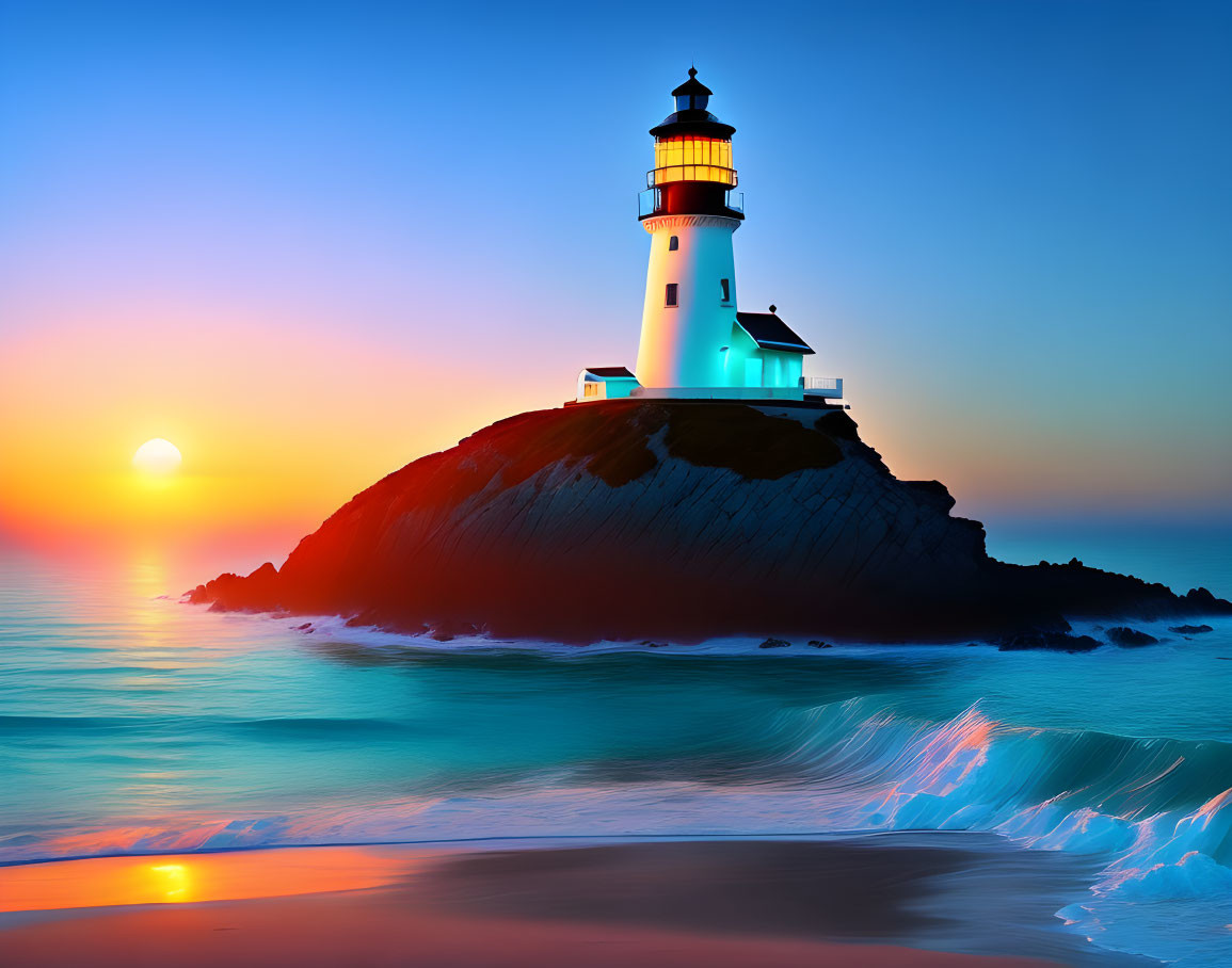 Tranquil beach sunset with lighthouse on rocky outcrop